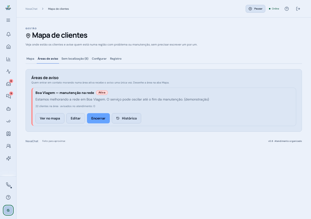 Aba Áreas de aviso: a área ativa, a mensagem, quantos clientes estão dentro e os botões Ver no mapa, Editar, Encerrar e Histórico.
